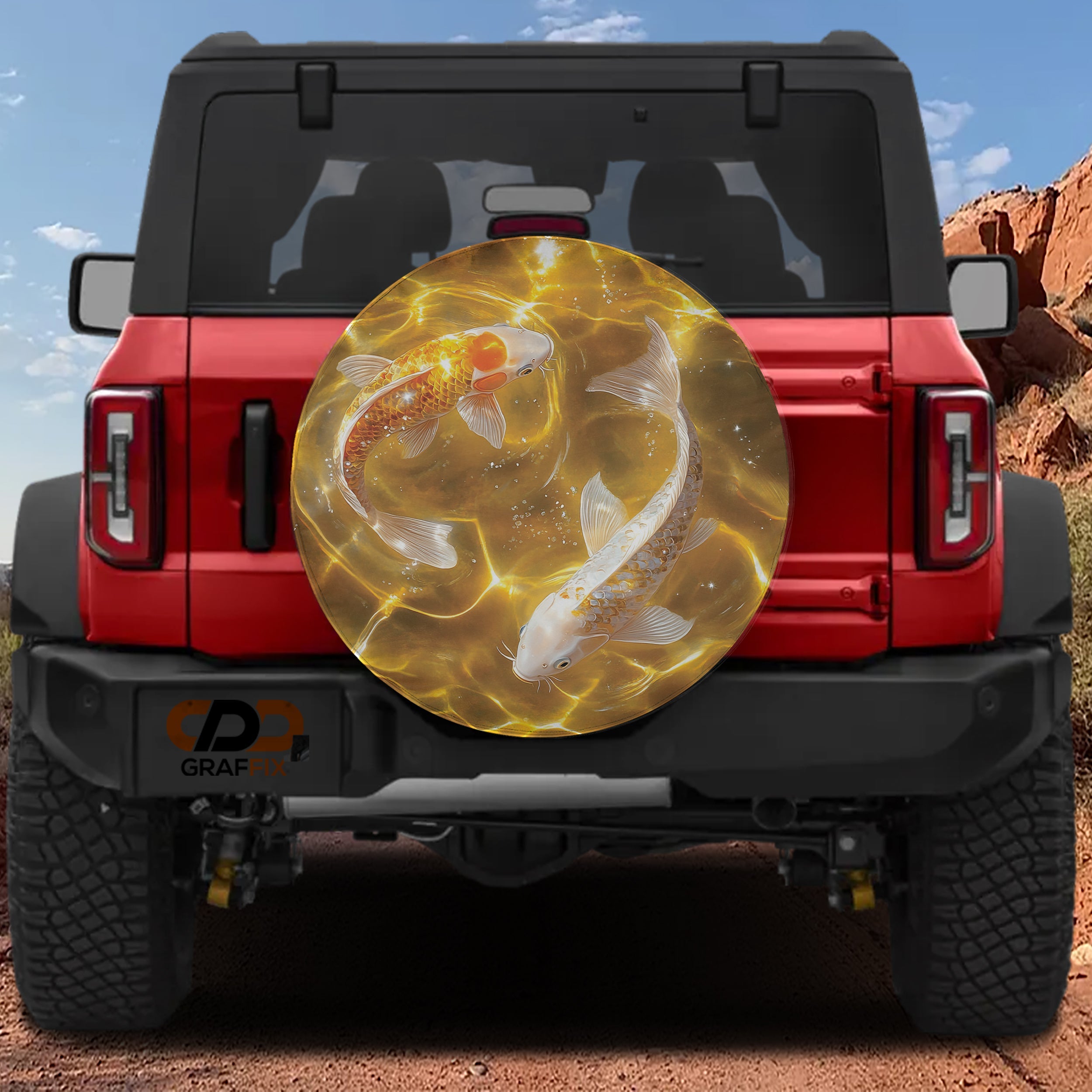 Golden Koi Tranquility design printed spare tire cover with optional backup camera hole by Graffix