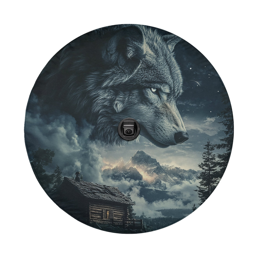 Spirit Wolf Overlook design printed spare tire cover with optional backup camera hole by Graffix