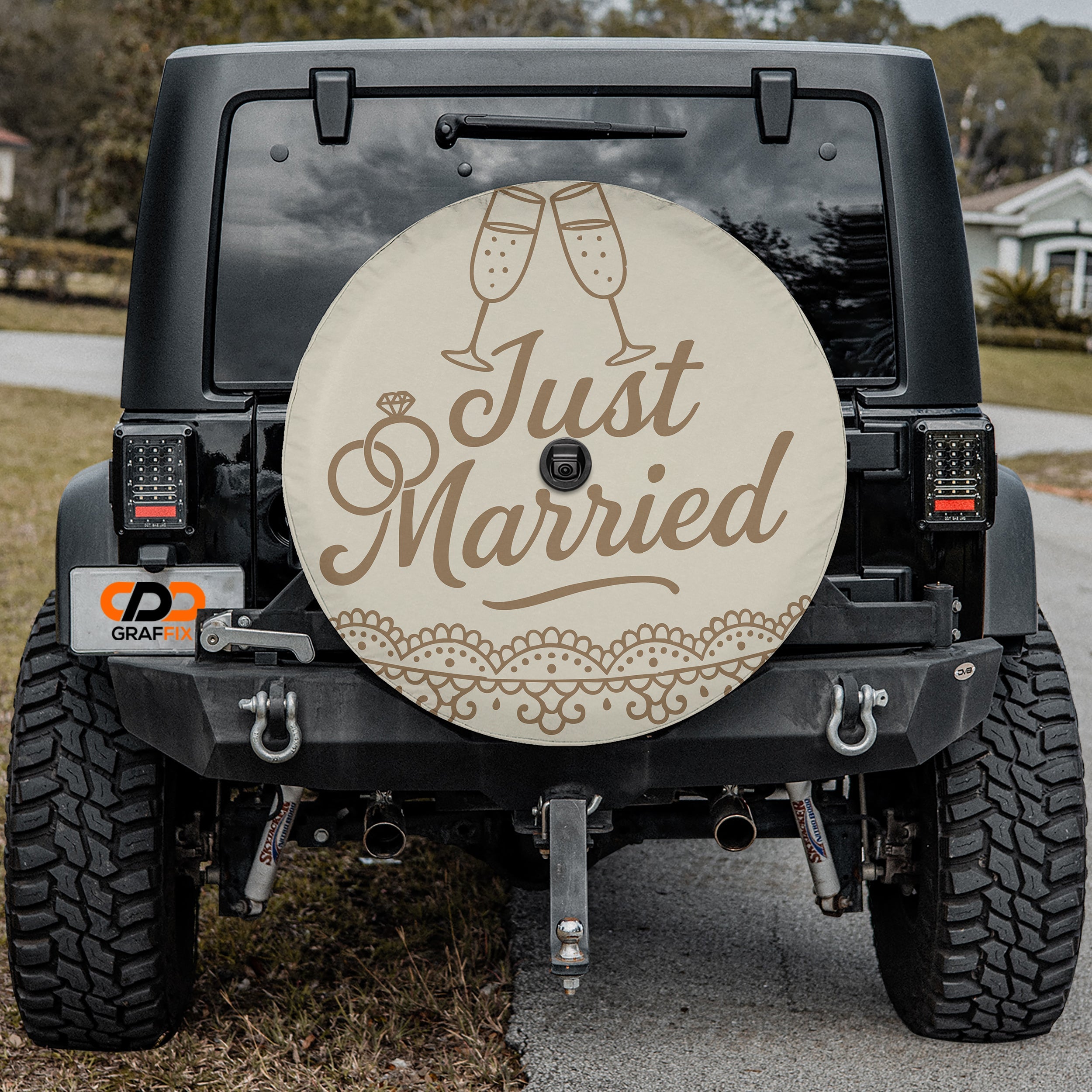 Just Married spare tire cover flat view with toasting glasses gold script wedding band