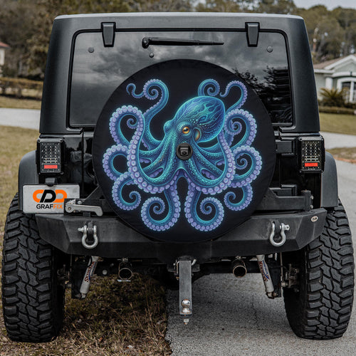a black Jeep Wrangler with a large octopus-themed spare tire cover on the rear.