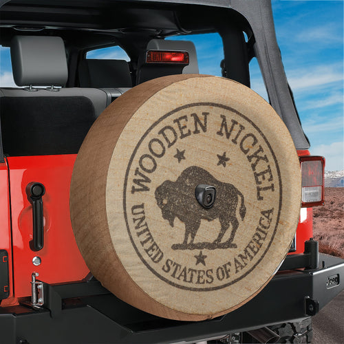 American buffalo wooden nickel spare tire cover flat view with rustic wood and bison design