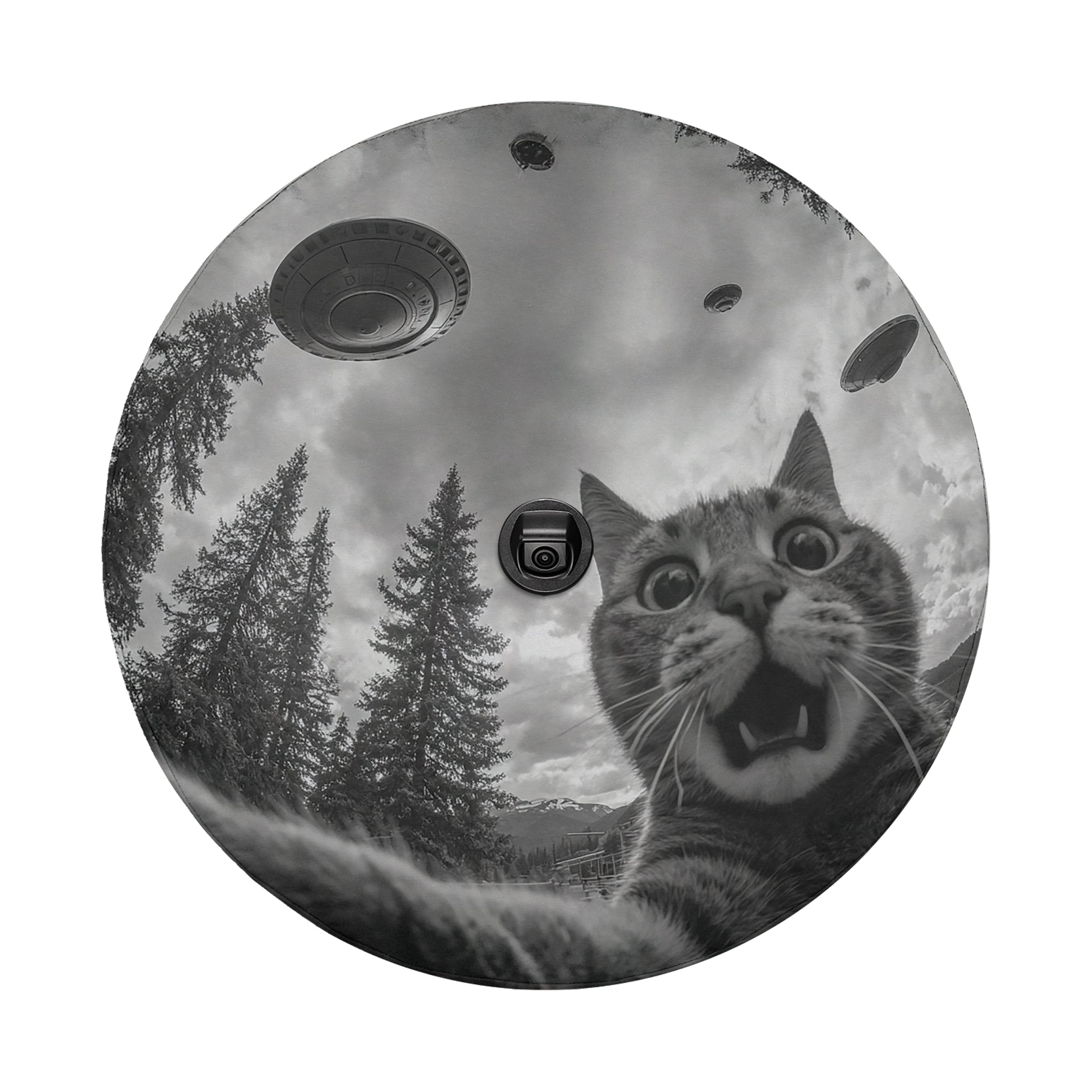 A black and white image of a cat with wide-open eyes and an expression of surprise, surrounded by trees and flying saucers in the sky.