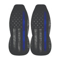 two black car seat covers with blue stripes and the American flag design.