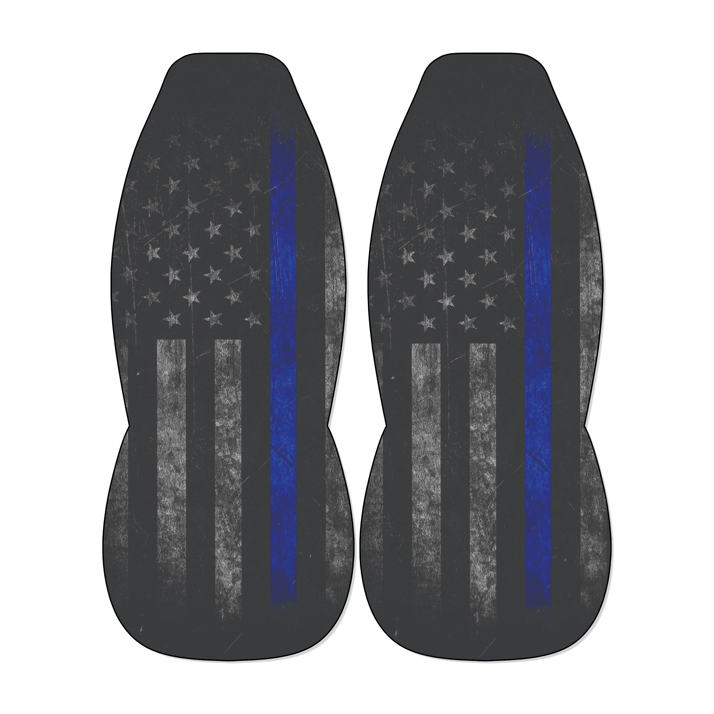 two black car seat covers with blue stripes and the American flag design.