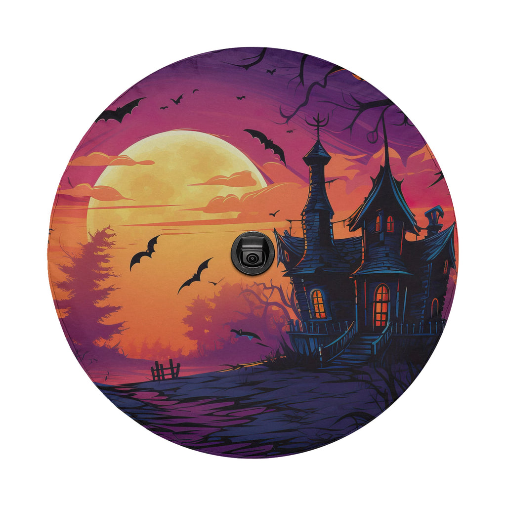 A spooky, castle-like structure silhouetted against a large, glowing moon and a vibrant, colorful sky with bats flying overhead.