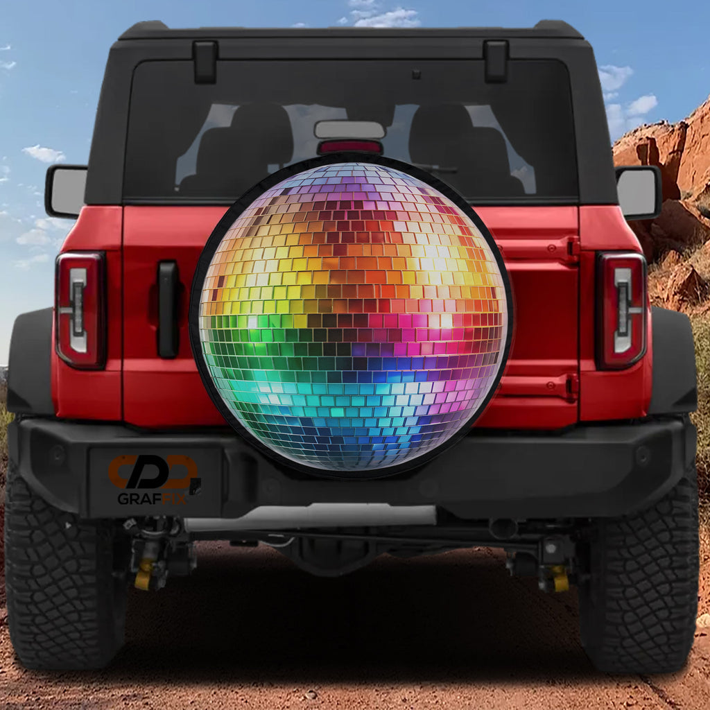 Rainbow Disco Ball design printed spare tire cover with optional backup camera hole by Graffix