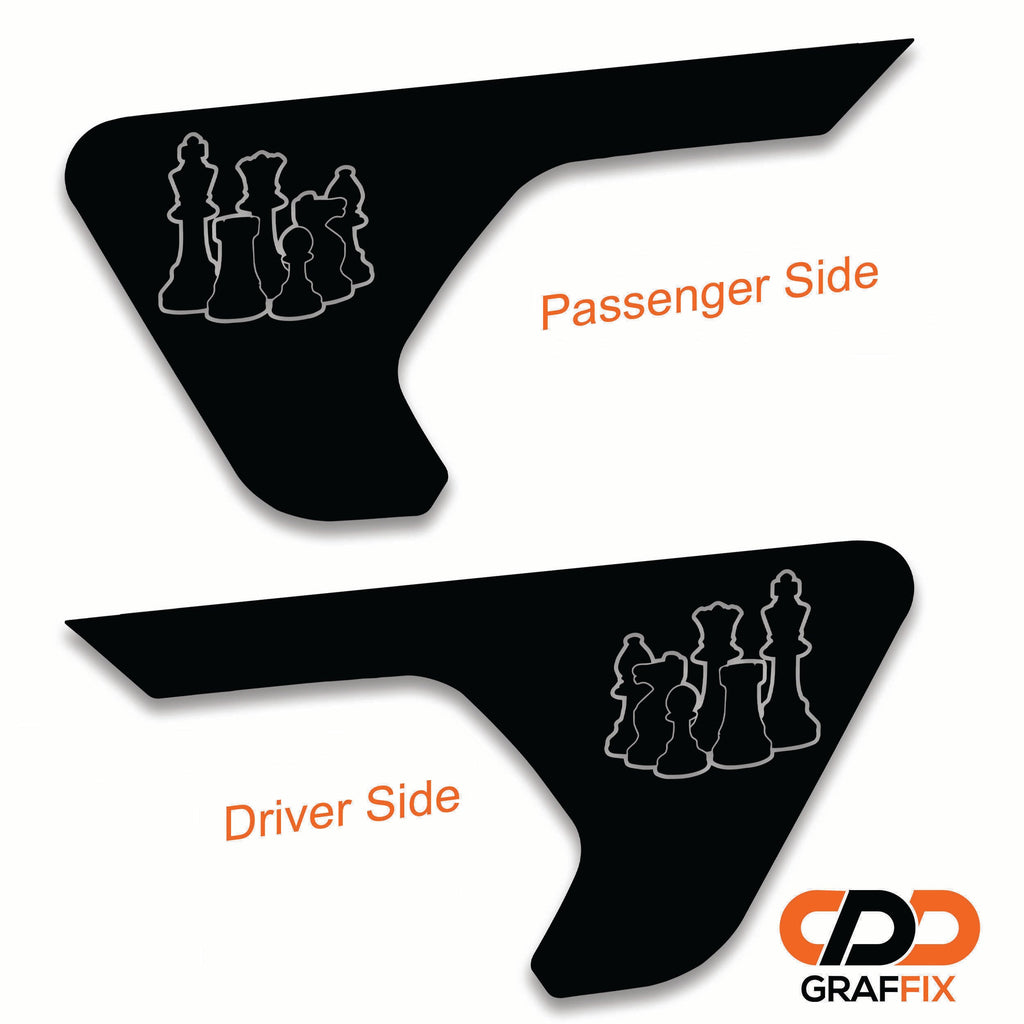 Chess pieces blackout fender vent decal showing billet vent placement on Jeep Wrangler JL fender