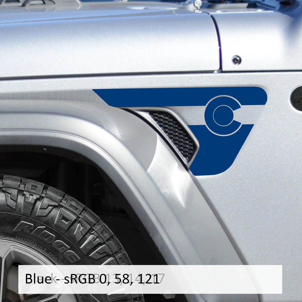 Blue Colorado state flag billet fender vent transfer decal on JL Wrangler or JT Gladiator