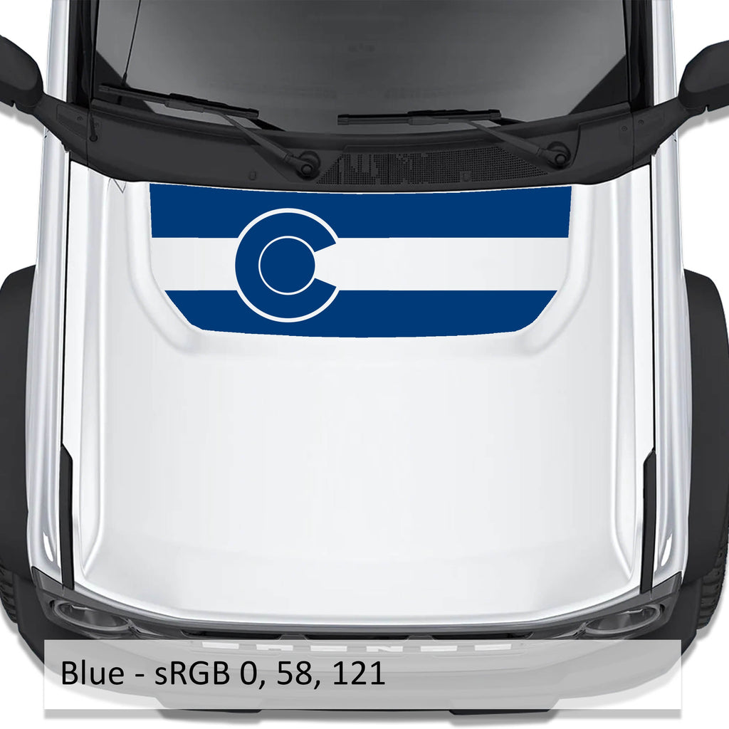 Colorado Flag blackout hood vinyl decal in blue shown installed on the hood of a 2021+ Ford Bronco