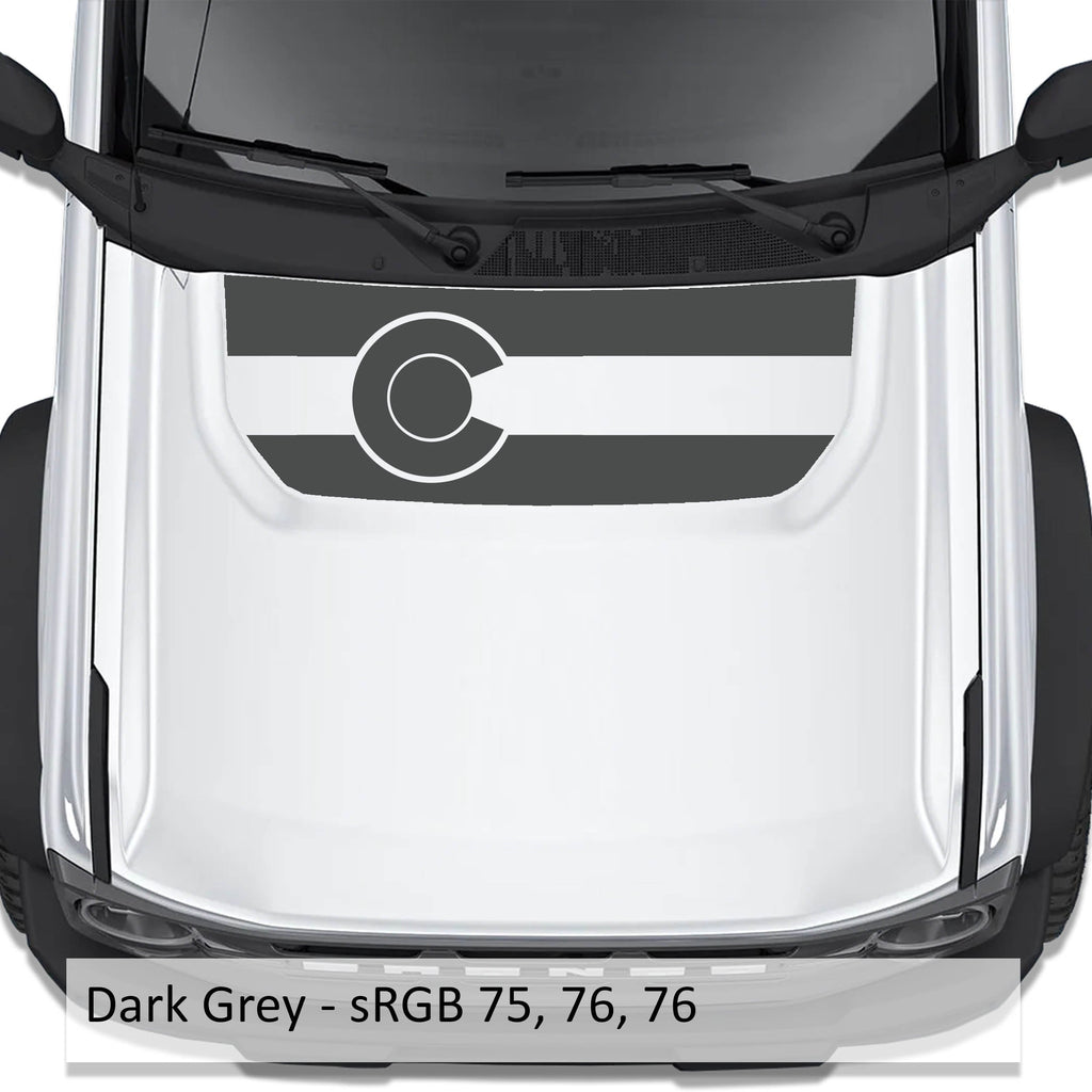 Colorado Flag blackout hood vinyl decal in dark gray shown installed on the hood of a 2021+ Ford Bronco