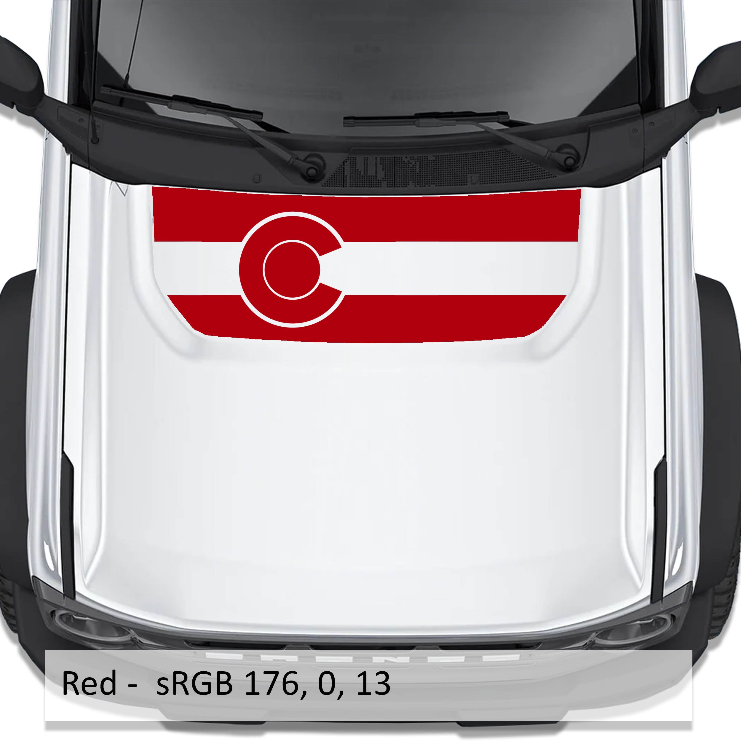 Colorado Flag blackout hood vinyl decal in red shown installed on the hood of a 2021+ Ford Bronco