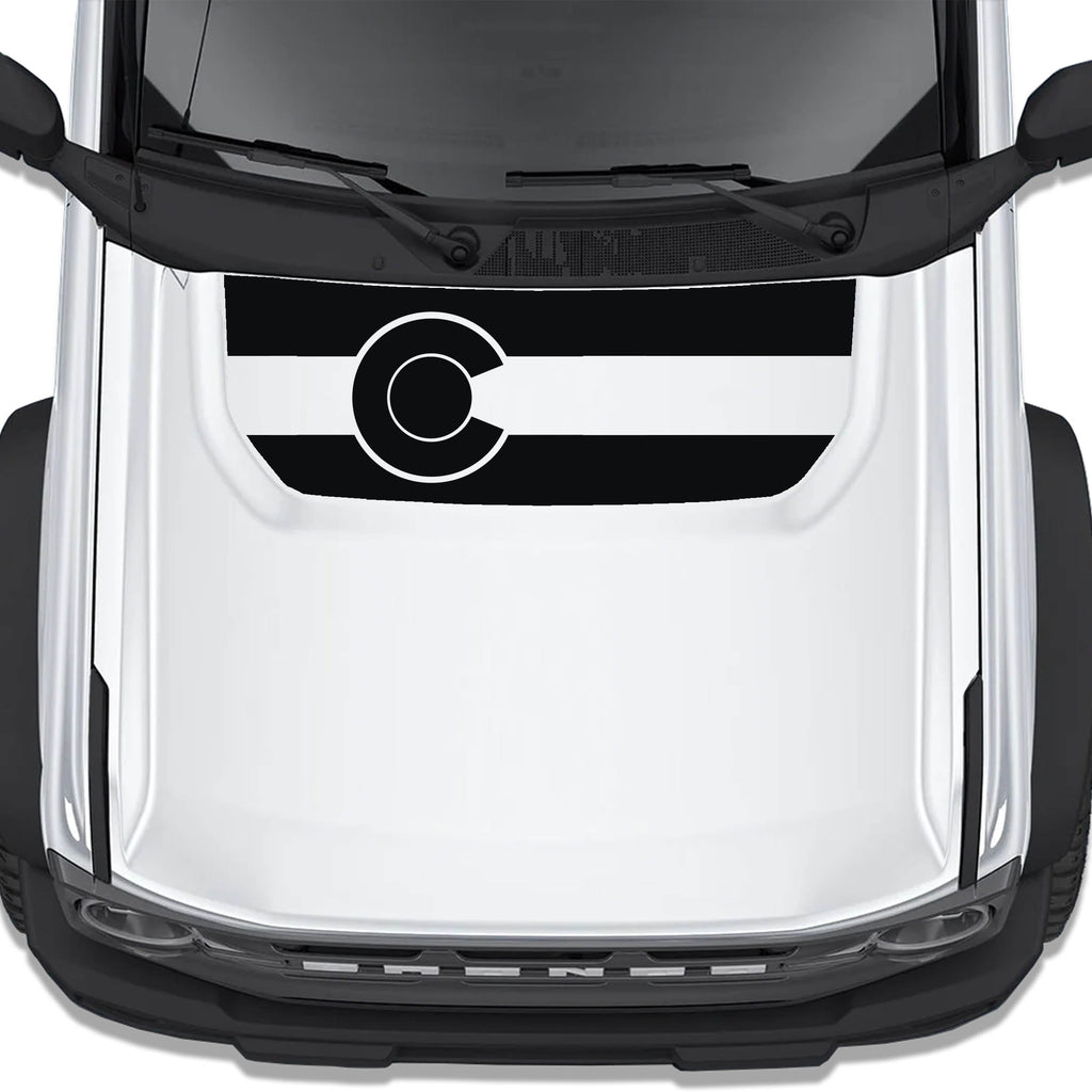 Colorado Flag blackout hood vinyl decal shown installed on the hood of a 2021+ Ford Bronco SUV