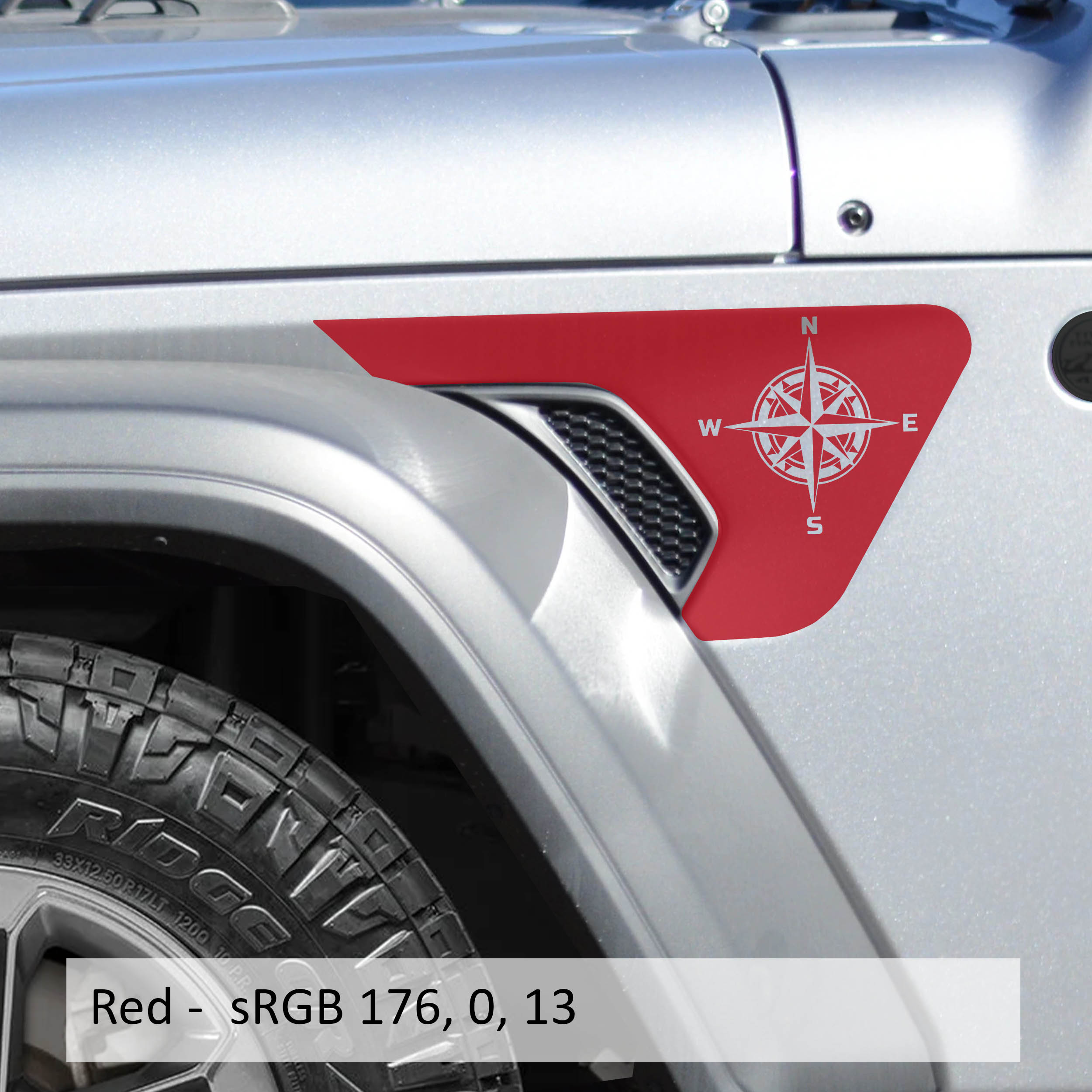 Red nautical compass fender vent decal pair shown flat for Jeep Wrangler JL JLU and Gladiator JT