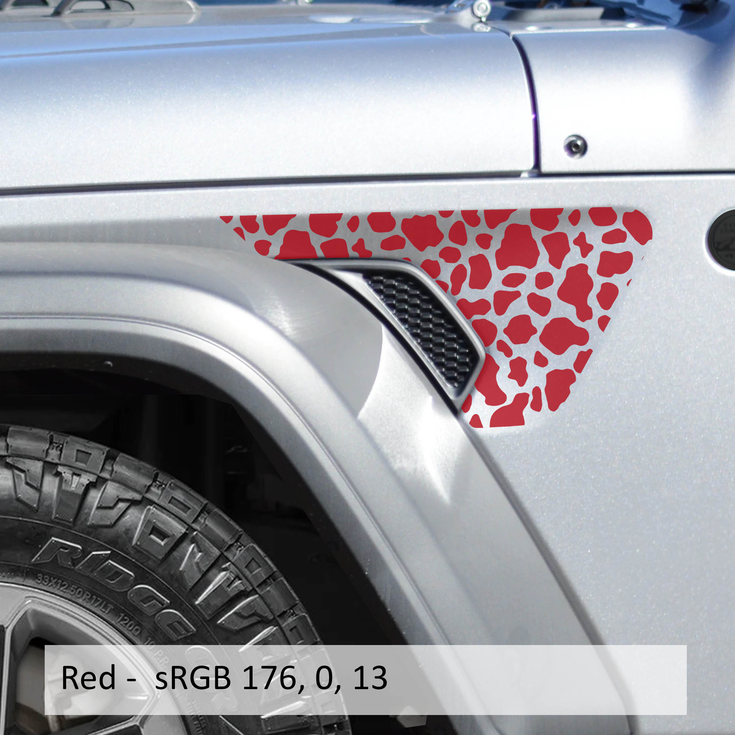 Red cow print fender vent decal shown on Jeep Wrangler JL Gladiator JT billet fender vent
