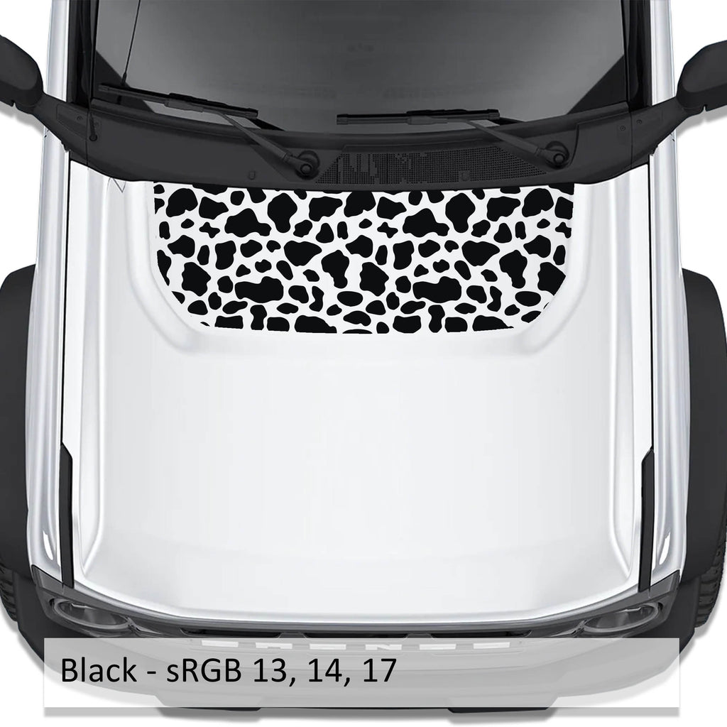 Cow Print blackout hood vinyl decal in black shown installed on the hood of a 2021+ Ford Bronco