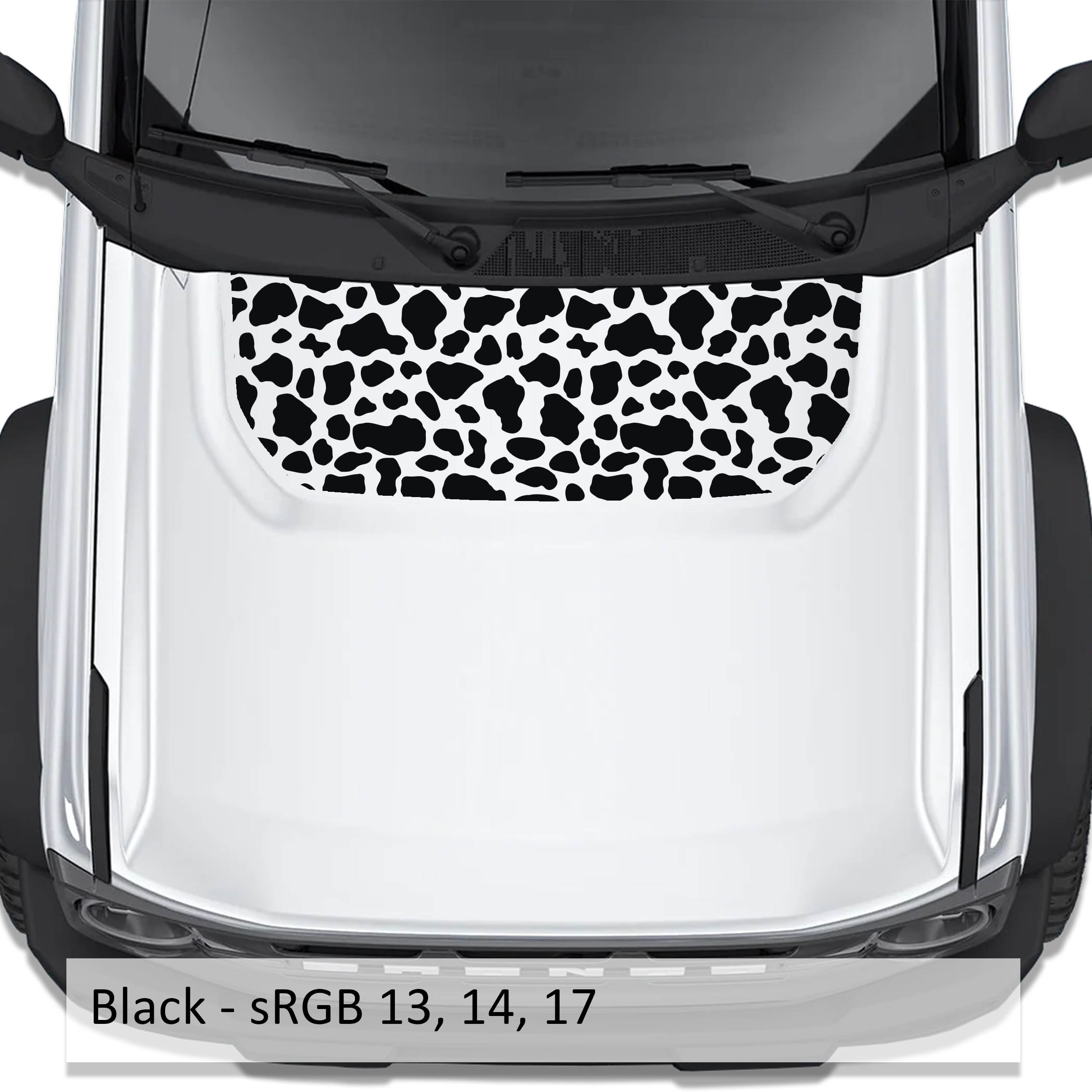 Cow Print blackout hood vinyl decal in black shown installed on the hood of a 2021+ Ford Bronco