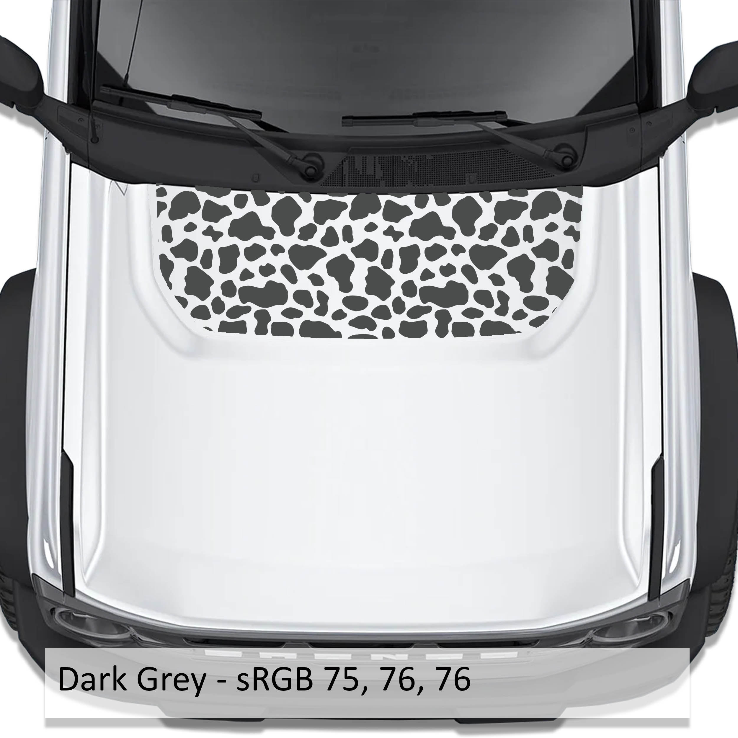 Cow Print blackout hood vinyl decal in dark gray shown installed on the hood of a 2021+ Ford Bronco