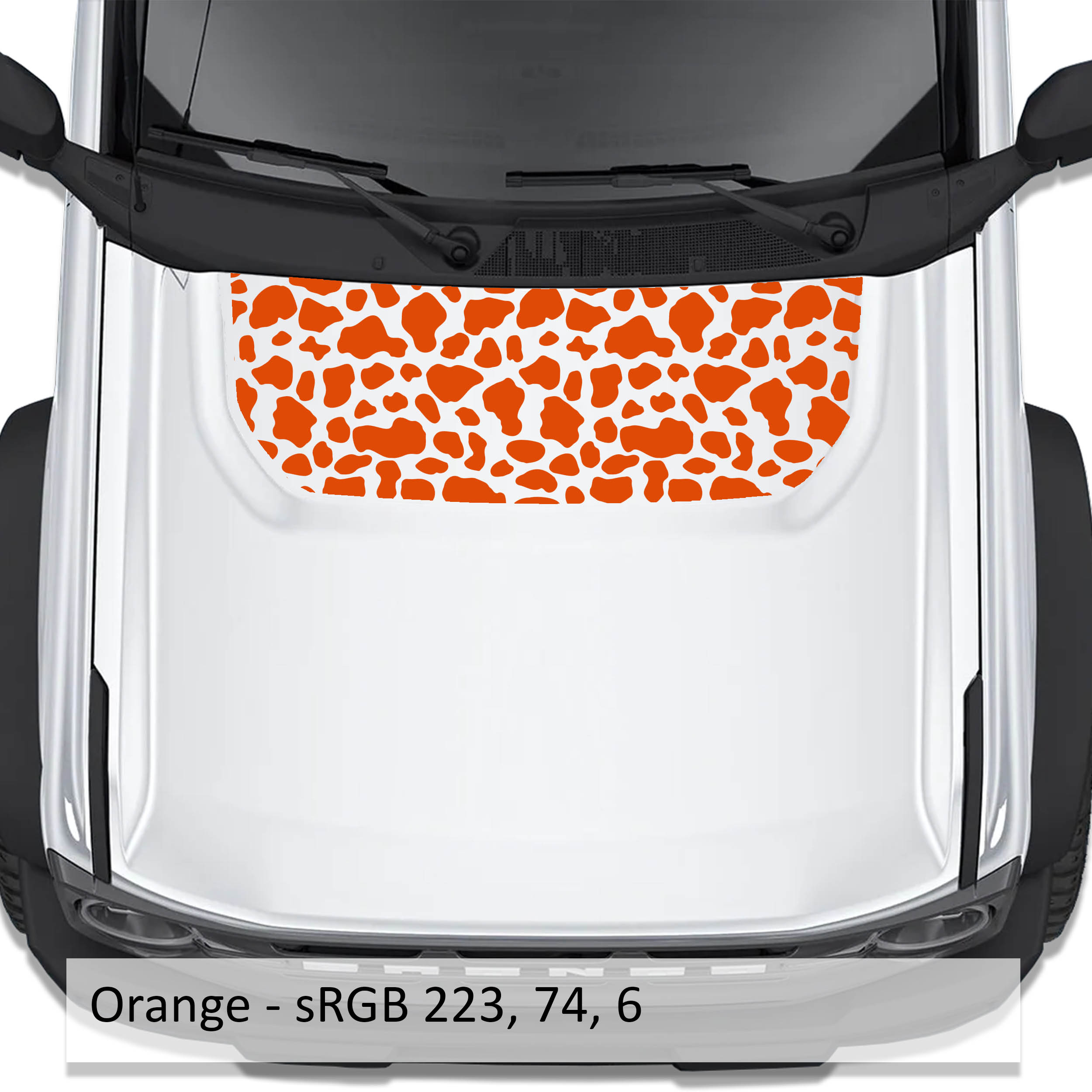 Cow Print blackout hood vinyl decal in orange shown installed on the hood of a 2021+ Ford Bronco