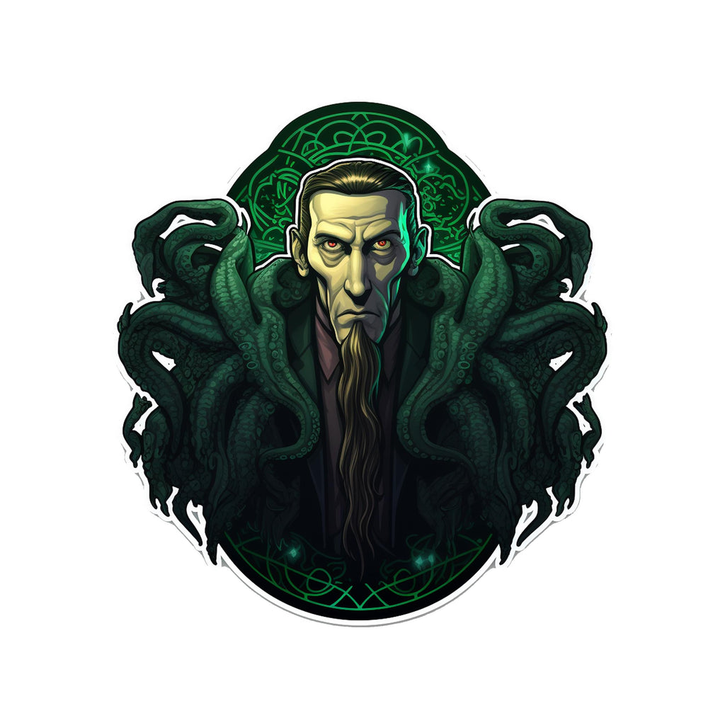 Cthulhu Celtic Knot sticker with pale Lovecraft face, dark green tentacles, and emerald knotwork halo design