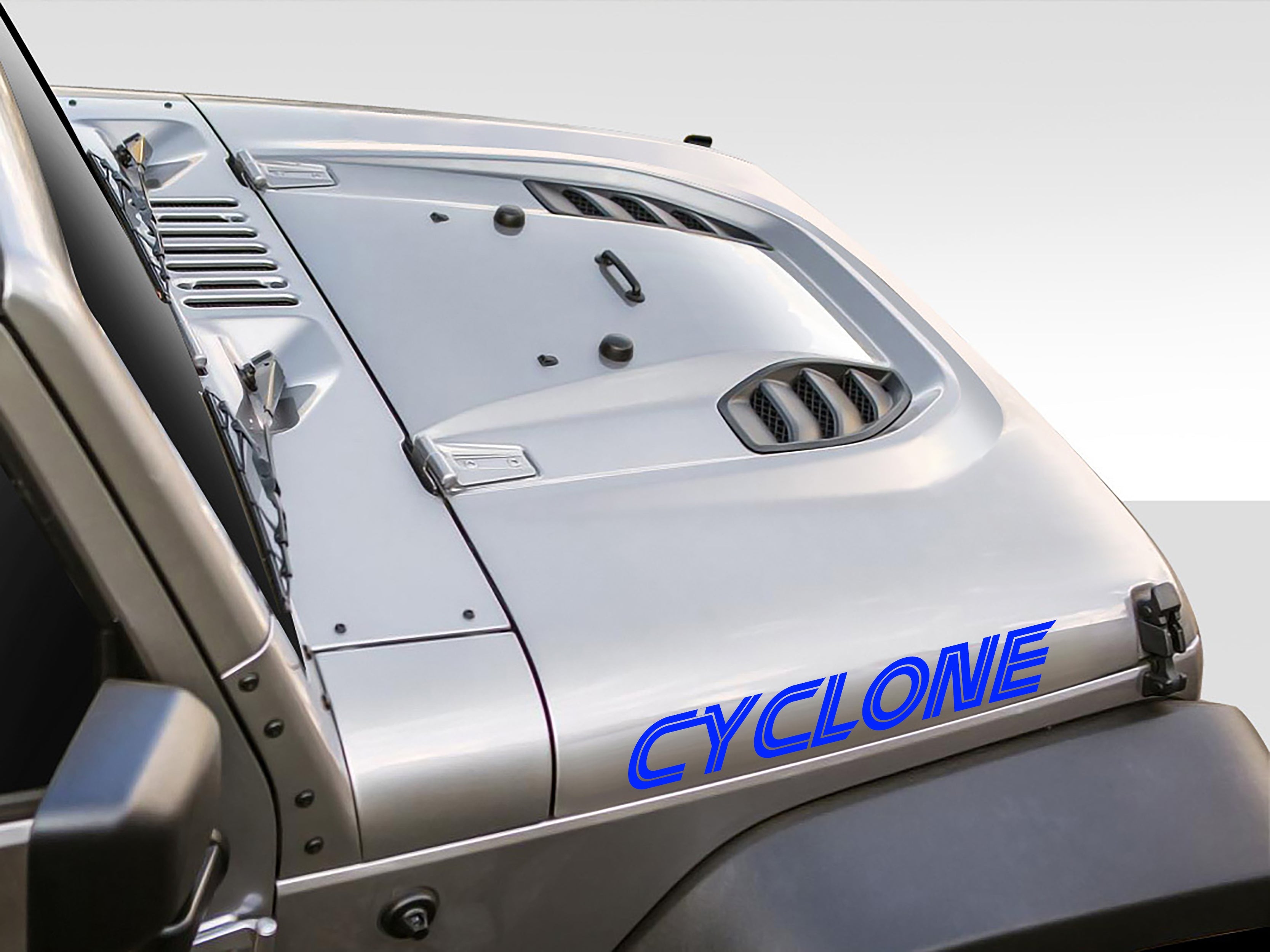 Cyclone font sample for custom text Jeep hood lettering decal shown in swirling italic black letters