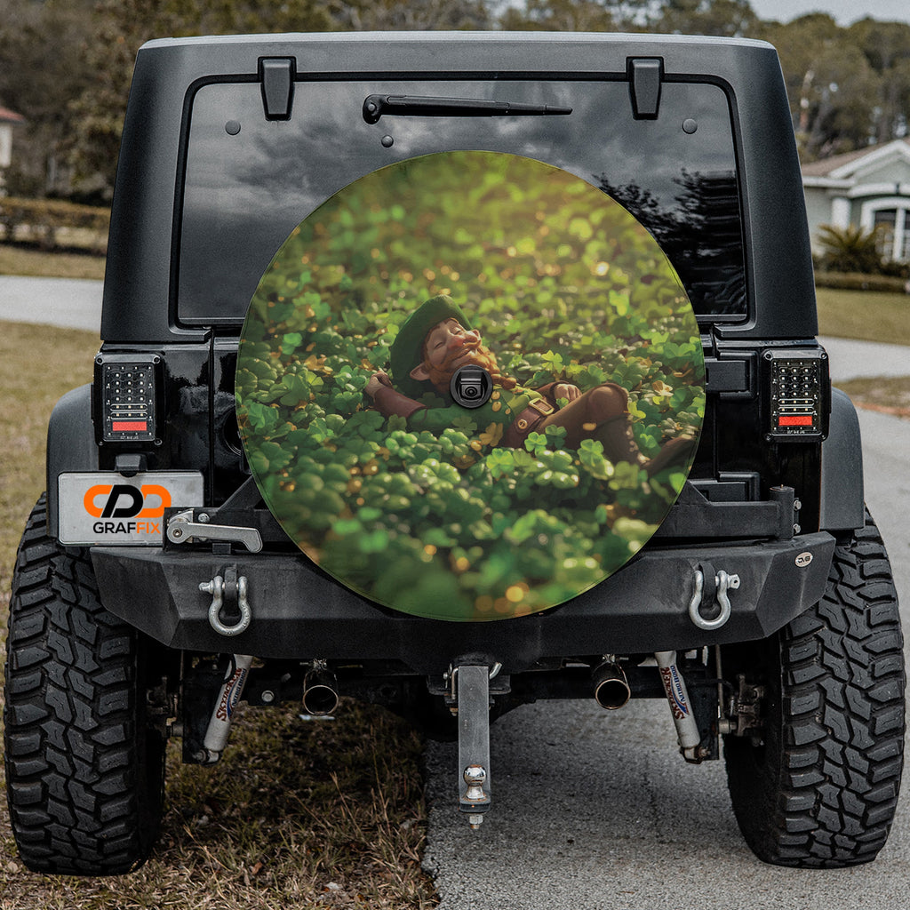Saint Patricks Day leprechaun clover field spare tire cover with green shamrocks and rainbow