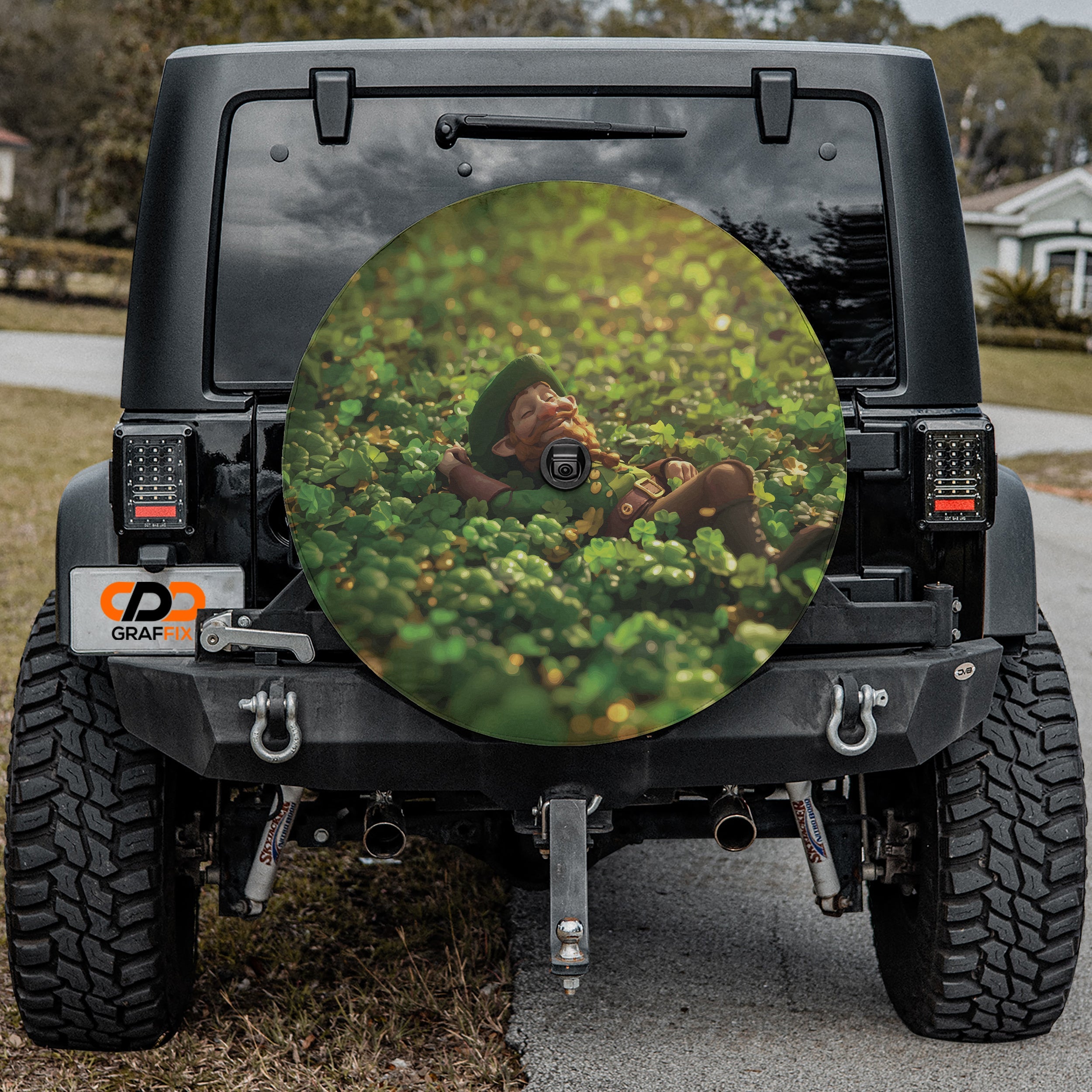 Saint Patricks Day leprechaun clover field spare tire cover with green shamrocks and rainbow