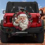 Red Ford Bronco rear with Goofy cartoon Santa Claus peace sign leopard print snowflake tire cover