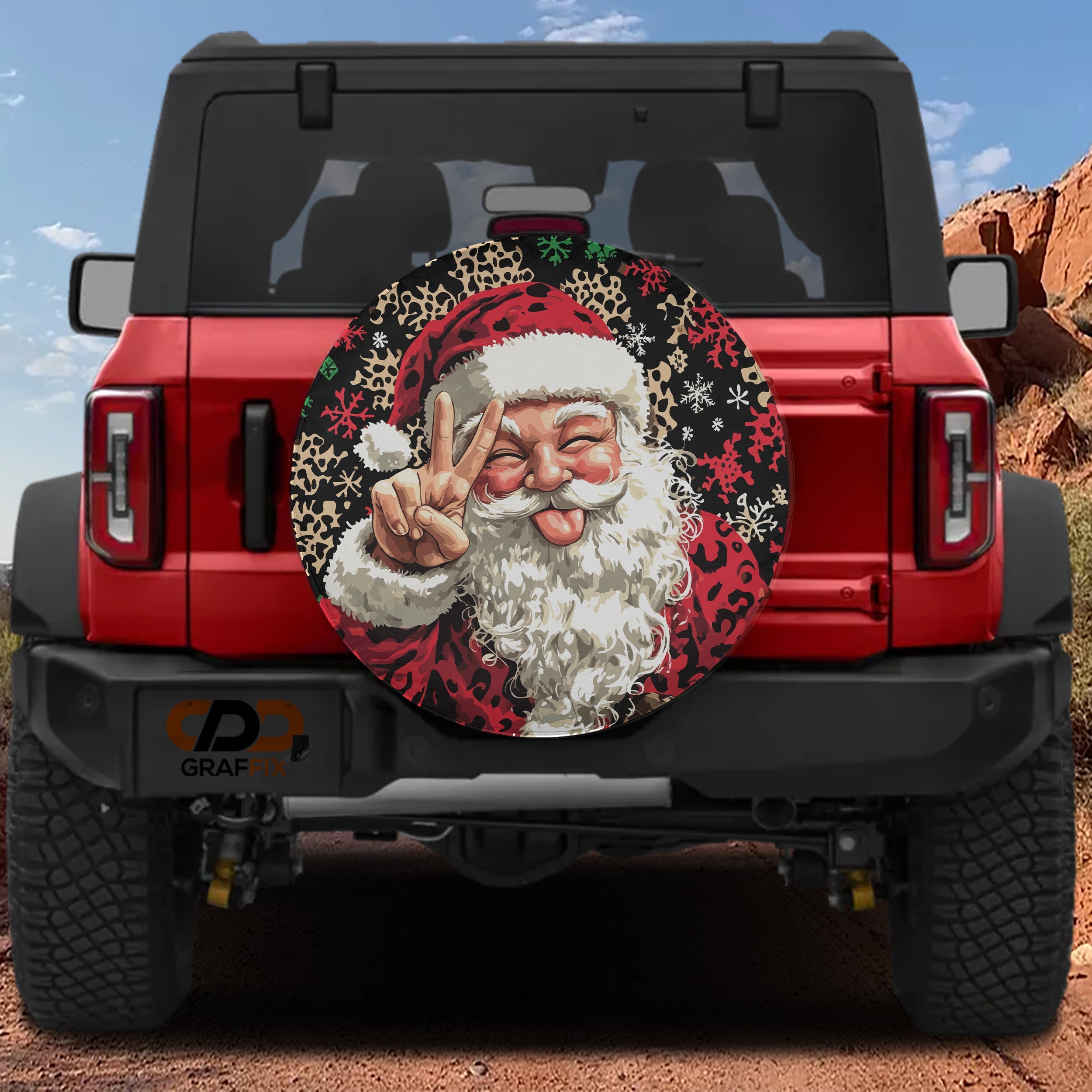 Red Ford Bronco rear with Goofy cartoon Santa Claus peace sign leopard print snowflake tire cover