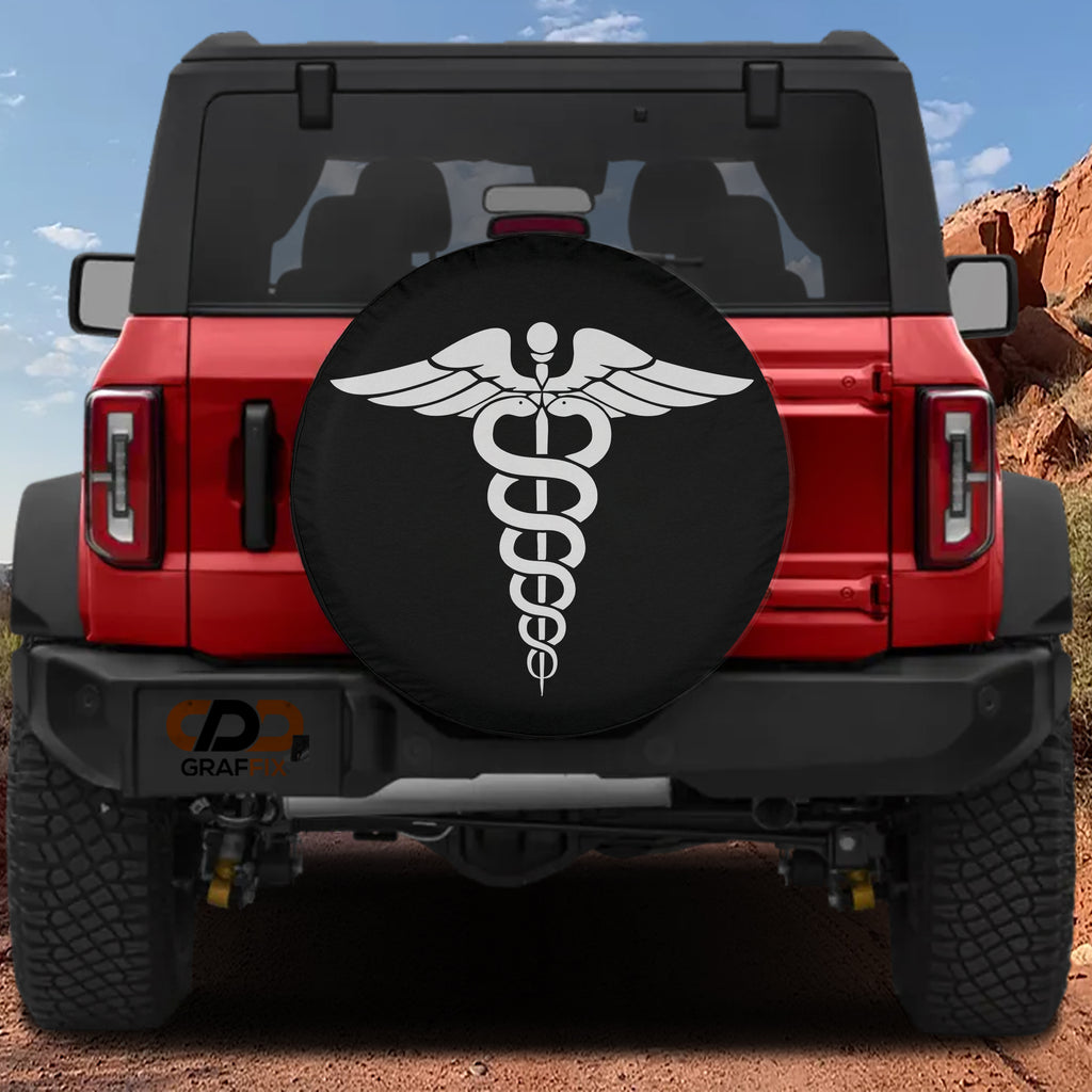 Caduceus Medical Symbol spare tire cover mounted on a red Bronco rear featuring iconic medical caduceus art