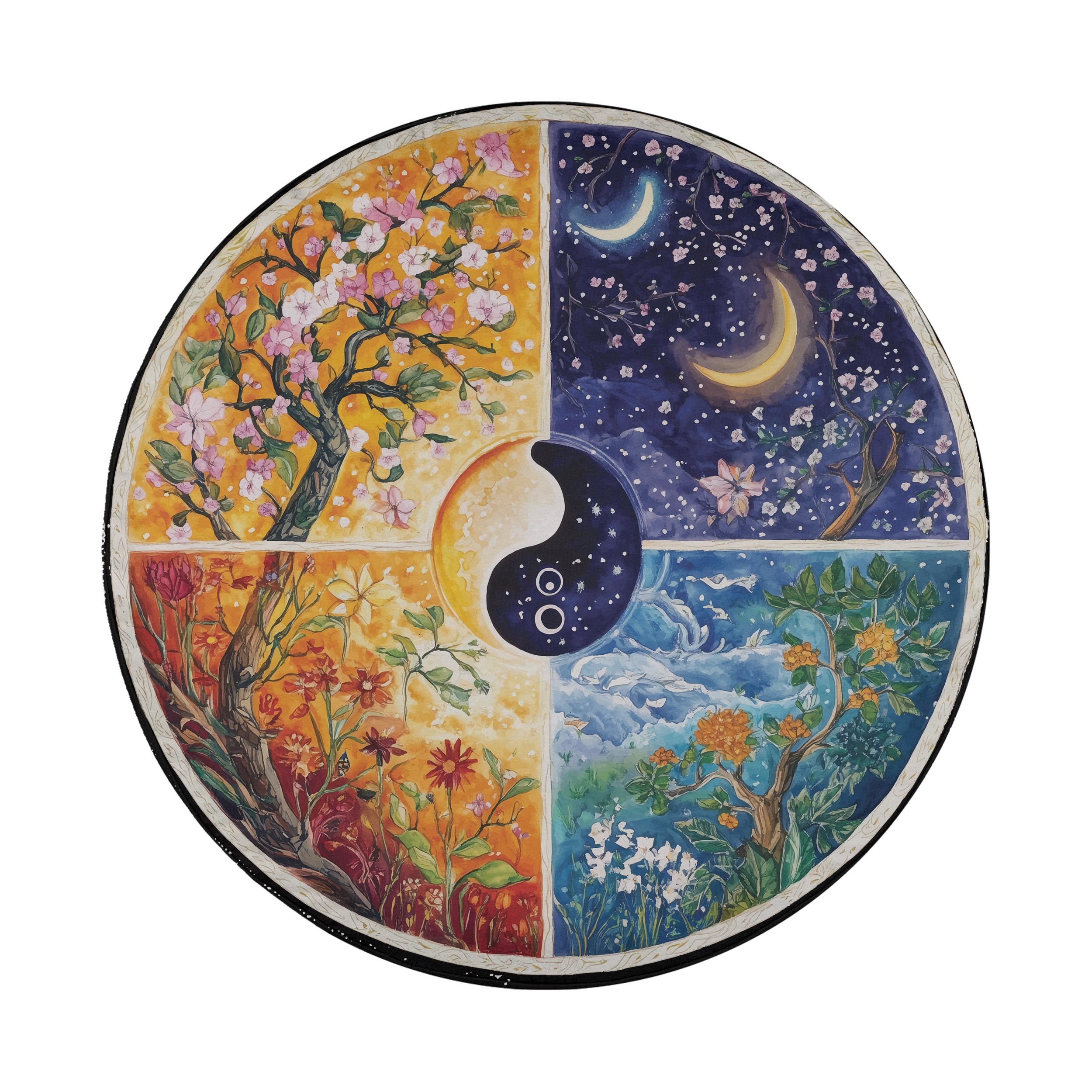Seasons Change painted tree art tire cover standalone showing spring summer fall winter quadrants design