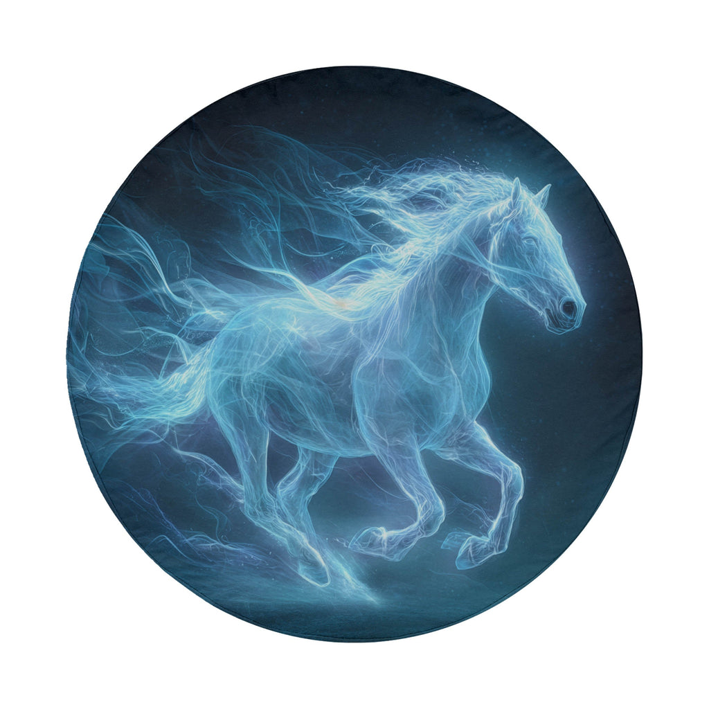 A ghostly, ethereal horse galloping through a dark, mysterious atmosphere.