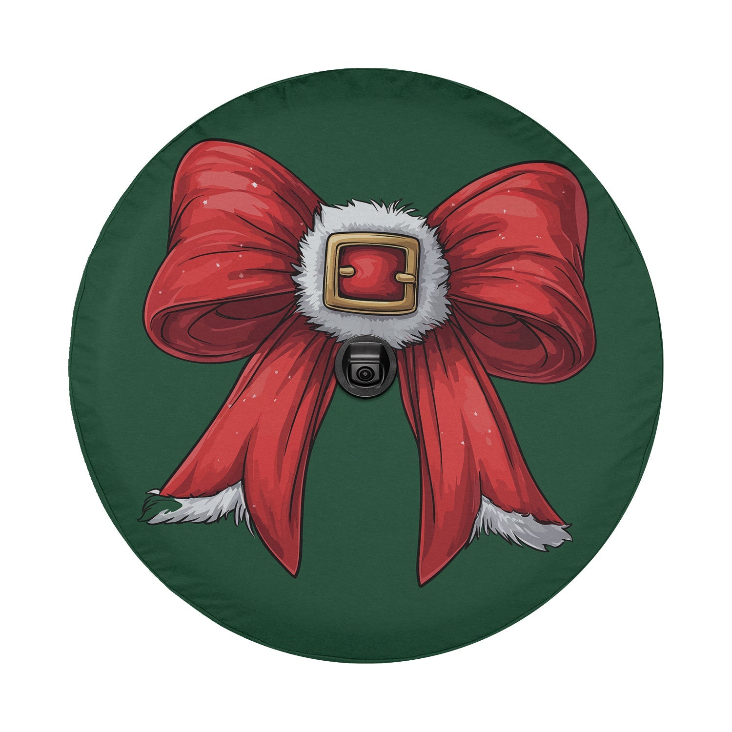 Coquette Santa belt bow spare tire cover detail green forest tone red bow center gold buckle accent