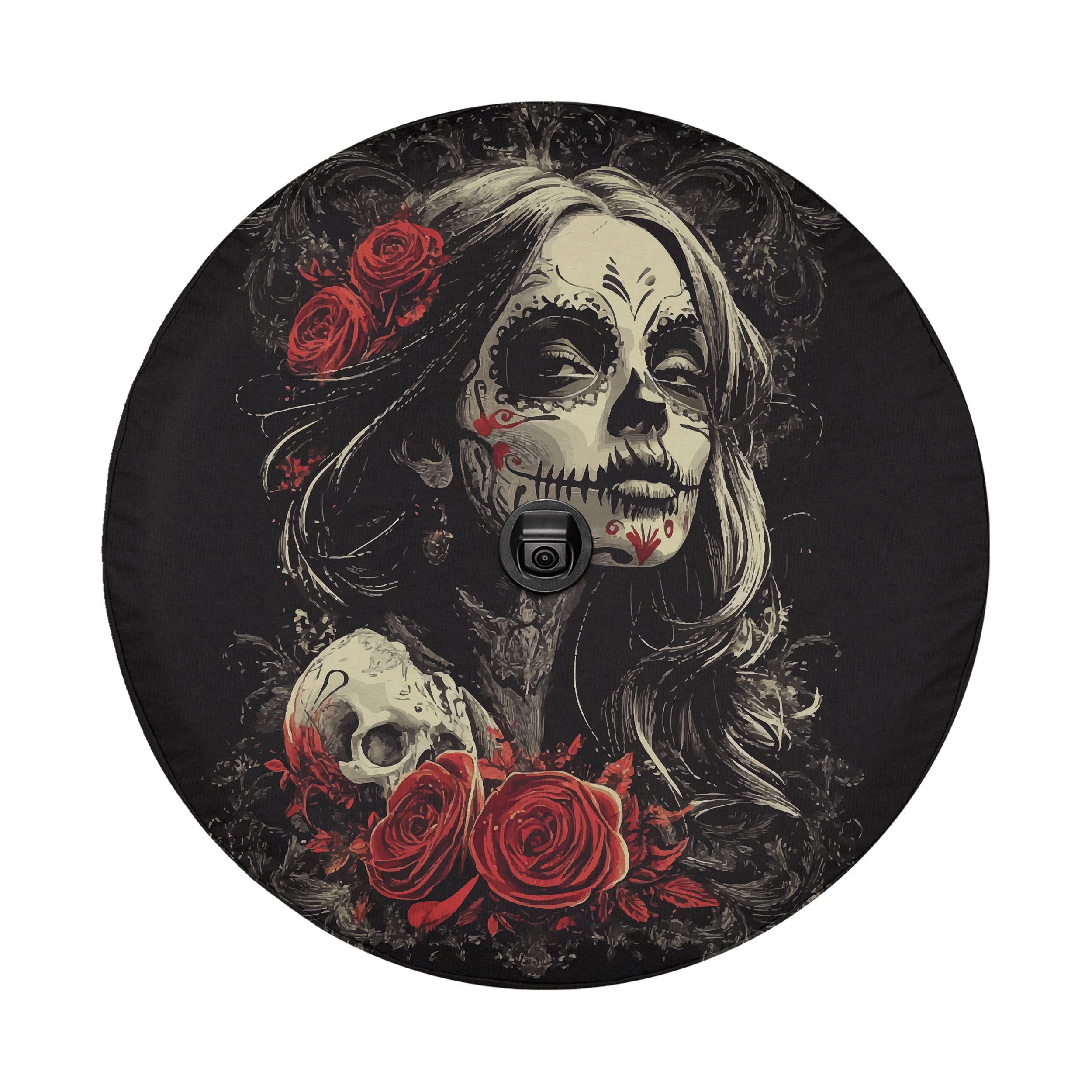 Dia de los Muertos Beauty spare tire cover flat view of sugar skull woman with rear-view cutout