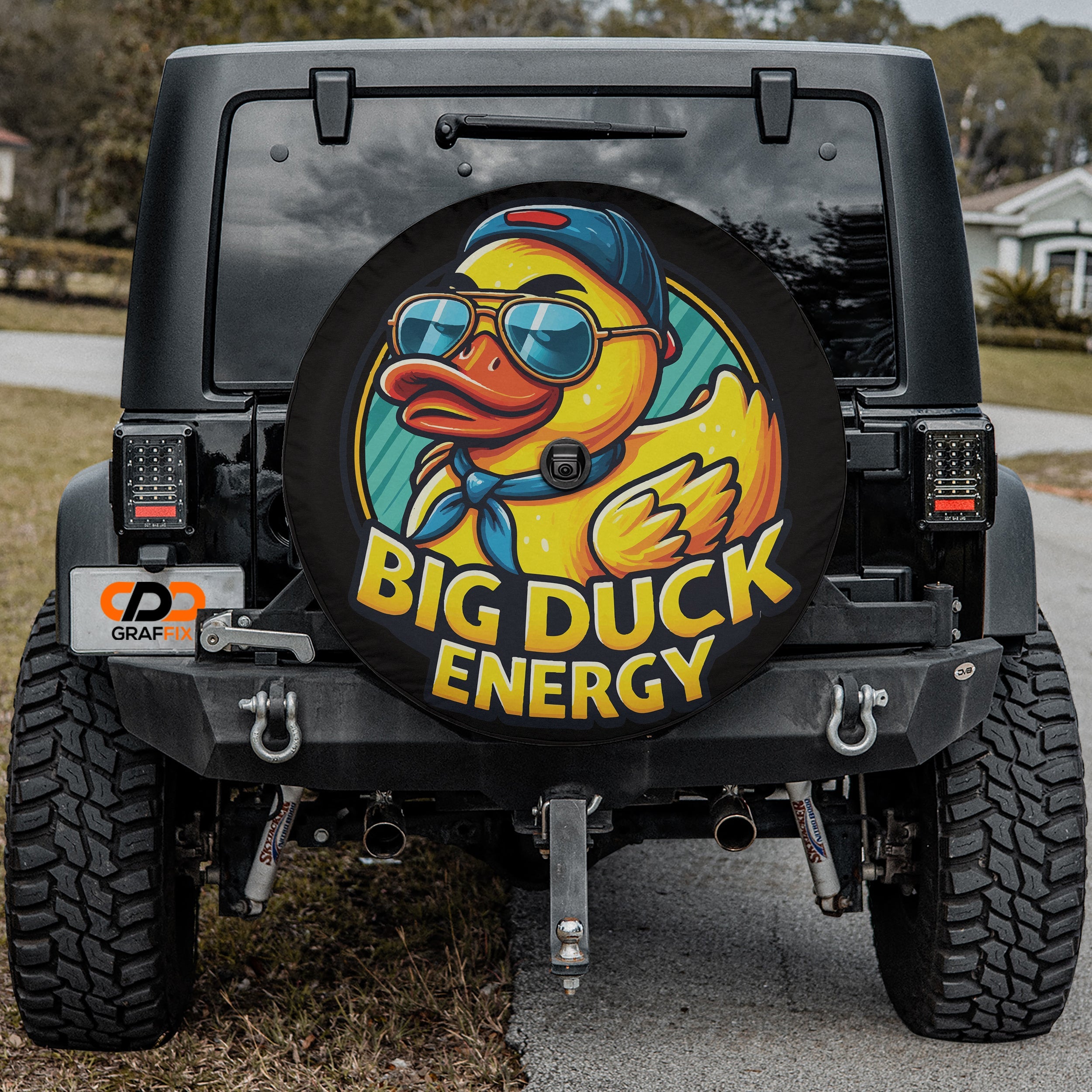 Big Duck Energy Rubber Duck design printed spare tire cover with optional backup camera hole by Graffix
