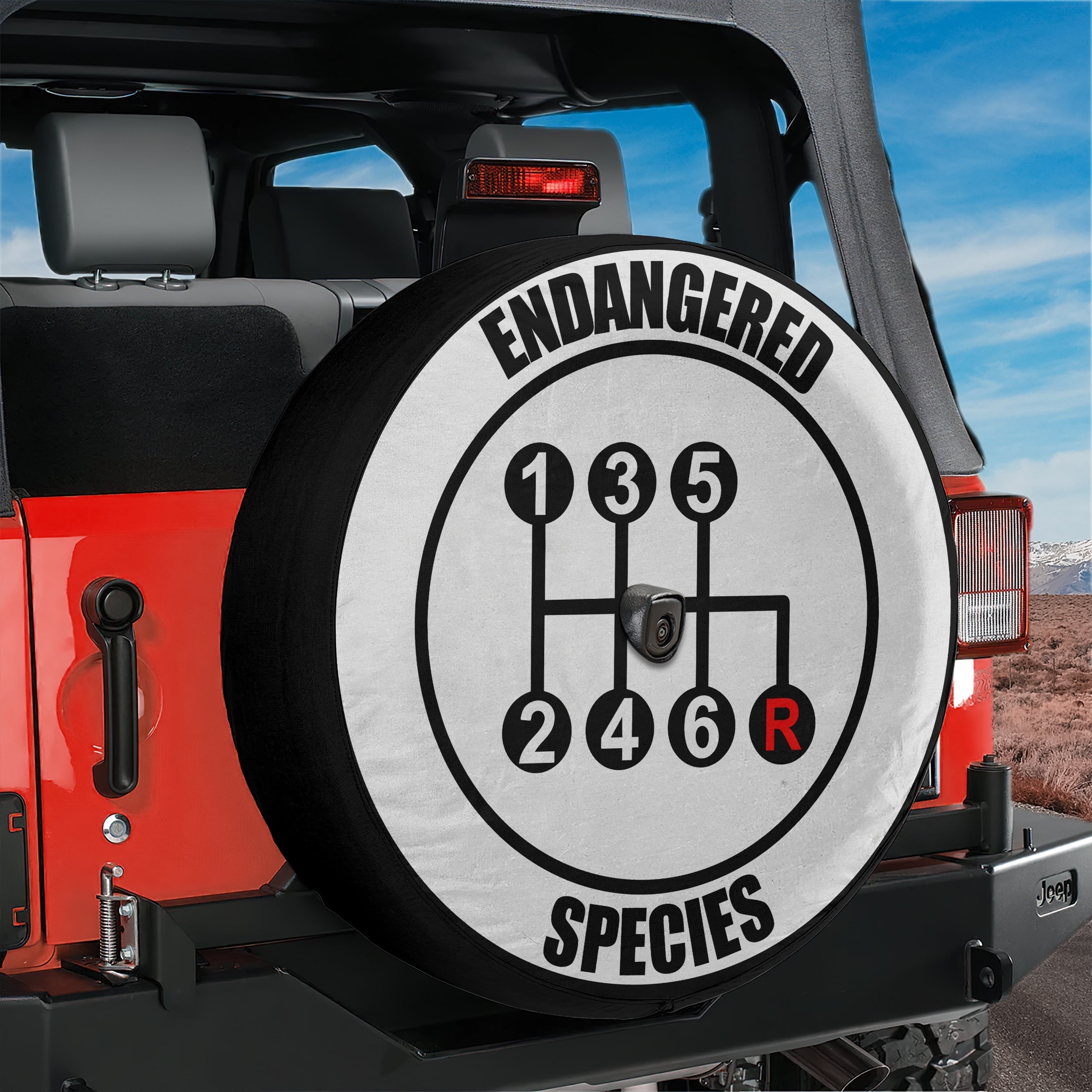 Endangered Species gear shift spare tire cover closeup showing printed graphic detail