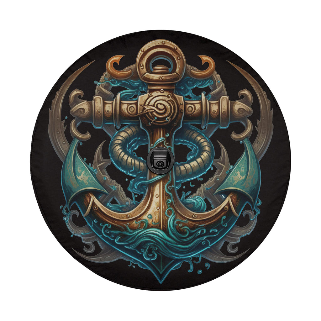 an intricate and detailed anchor design, with various elements such as waves, swirls, and other decorative elements surrounding it.