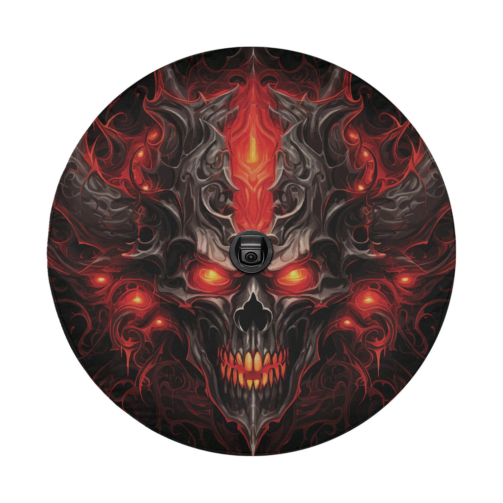 Emberlord Skull spare tire cover round flat view with camera cutout and flame skull print
