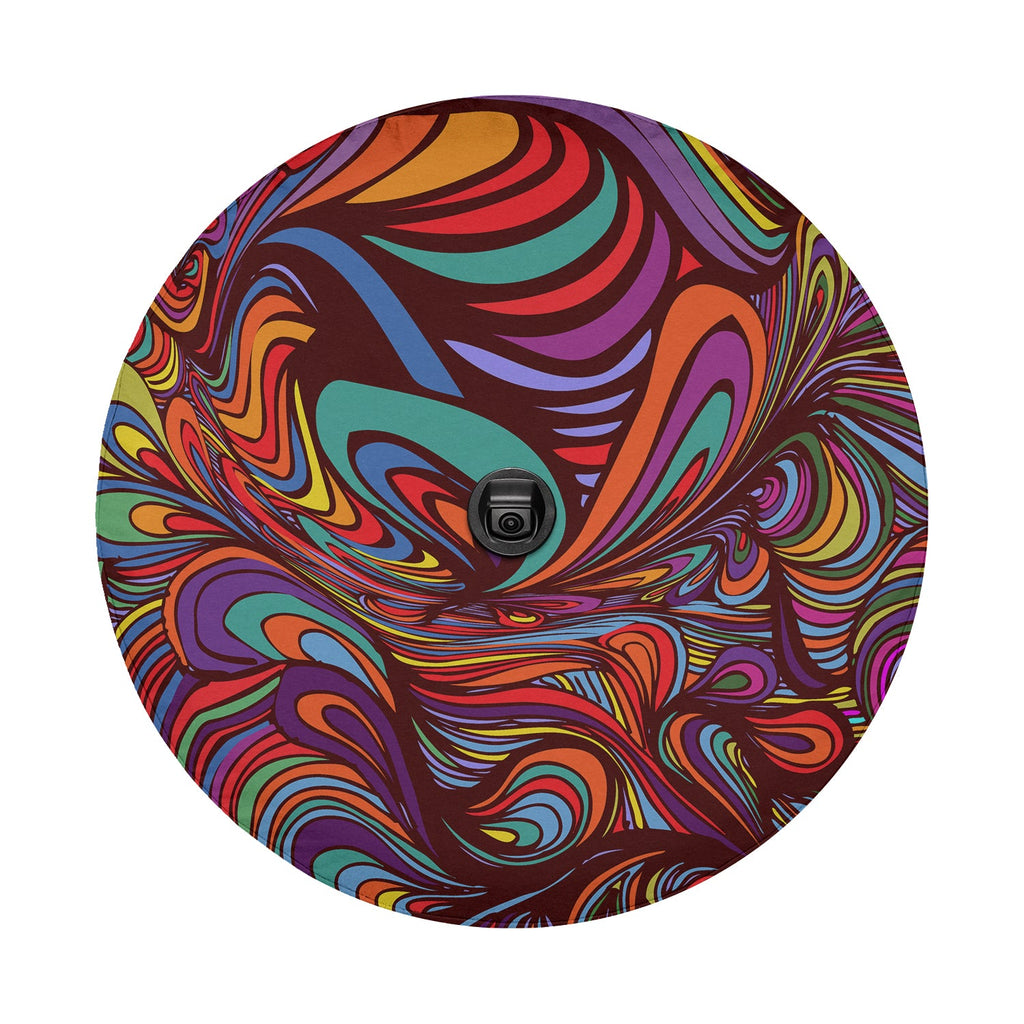 Kaleidoscope abstract dream tire cover flat round view with maroon base and bright multicolor swirls