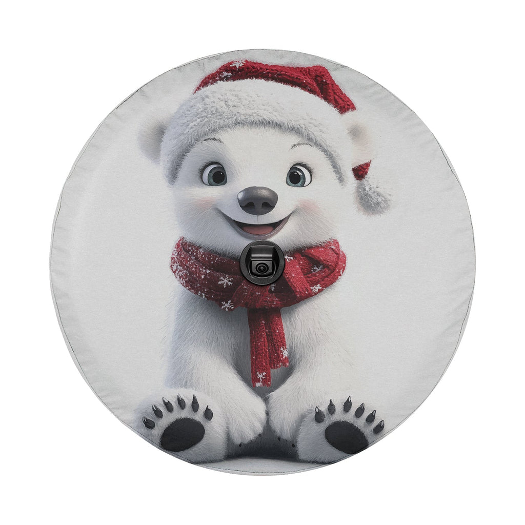 Christmas baby polar bear tire cover on red Jeep Wrangler featuring smiling cub in red knit Santa hat