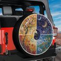 Seasons Change painted four panel spare tire cover on red Ford Bronco with red rock desert backdrop