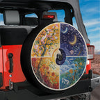 Seasons Change painted four panel spare tire cover on red Ford Bronco with red rock desert backdrop
