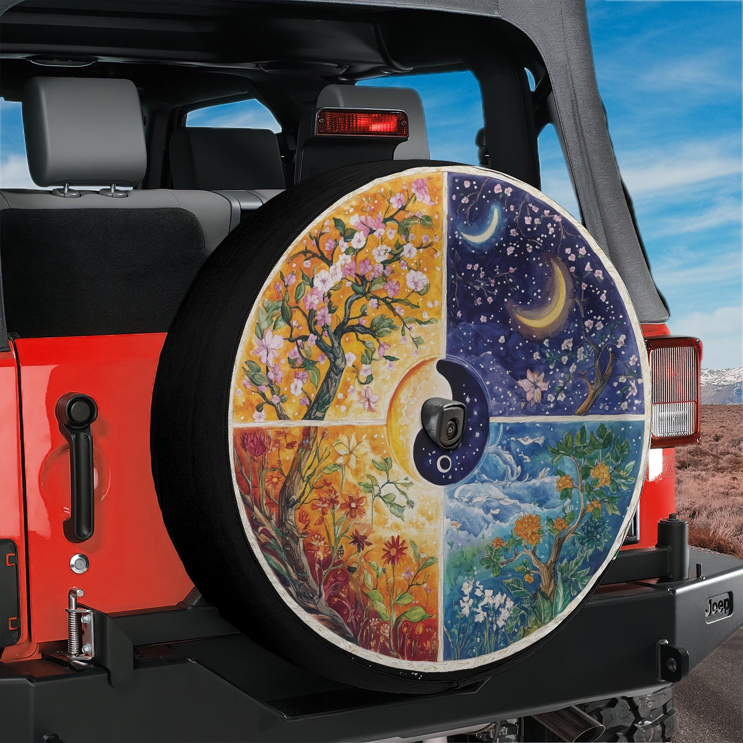 Seasons Change painted four panel spare tire cover on red Ford Bronco with red rock desert backdrop