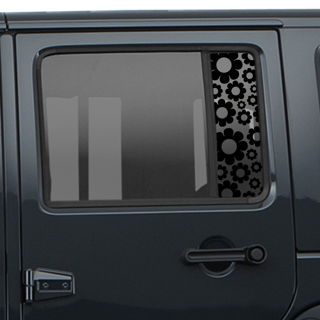 Black daisy pattern side window decal set installed on Jeep Wrangler JKU 4-door 2007-2018 windows