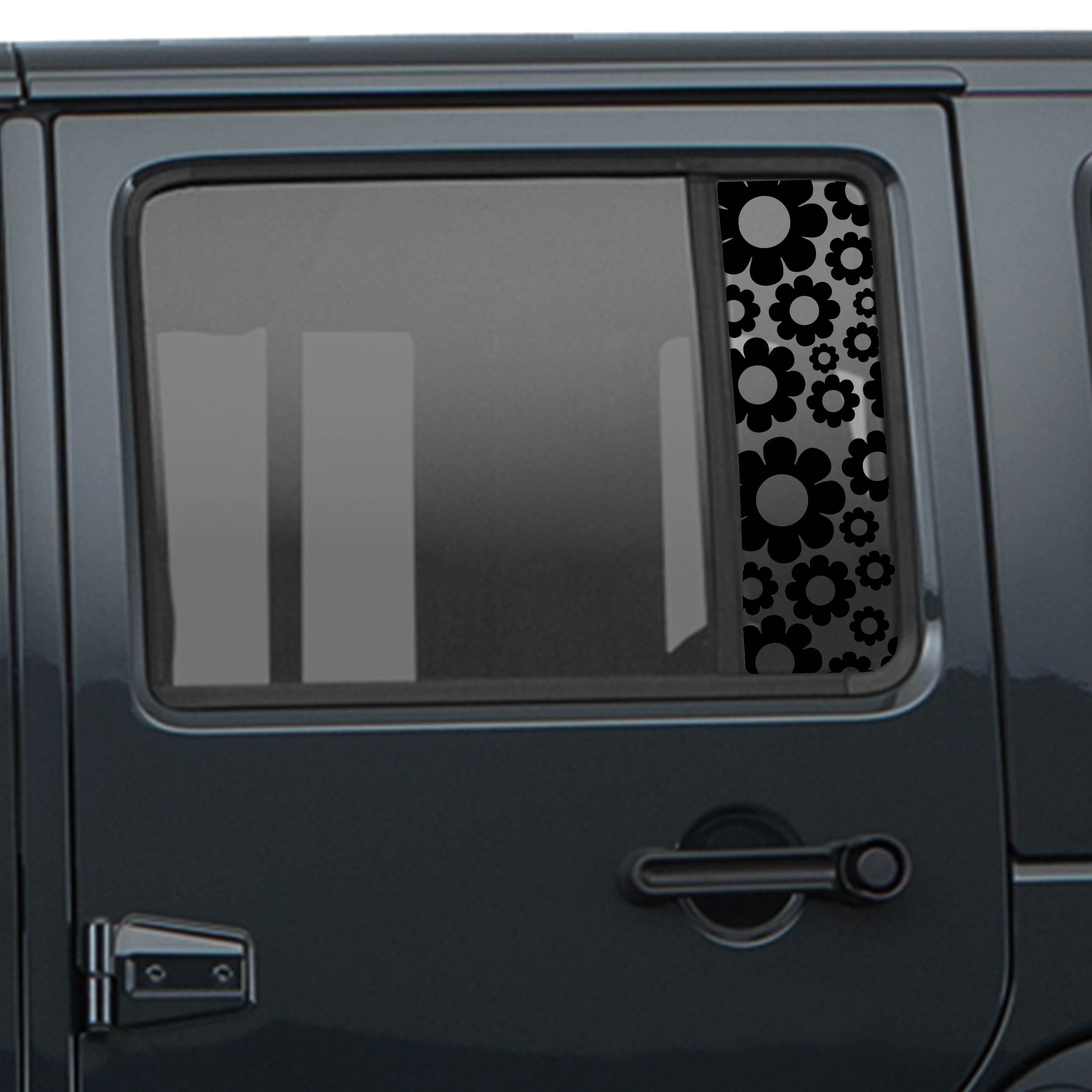 Black daisy pattern side window decal set installed on Jeep Wrangler JKU 4-door 2007-2018 windows