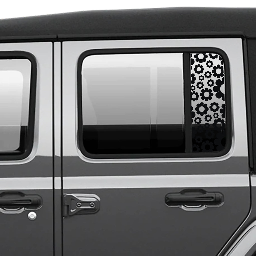 Black daisy pattern side window decal set on Jeep Wrangler JL 2018+ Gladiator JT 2020+ glass