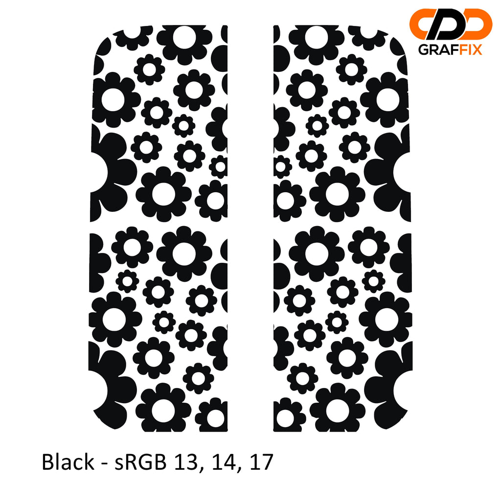 Black daisy pattern side window vinyl decal set installed on a white Jeep Wrangler JLU door glass
