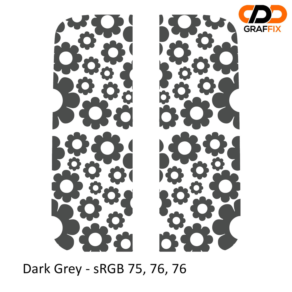 Dark gray daisy pattern side window vinyl decal set installed on a white Jeep Wrangler JLU rear glass