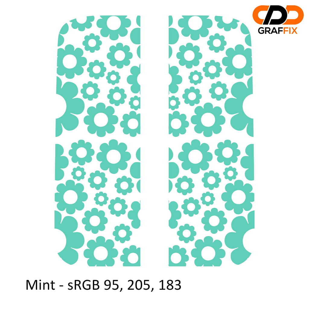 Mint green daisy pattern side window vinyl decal set installed on a white Jeep Wrangler JLU door glass