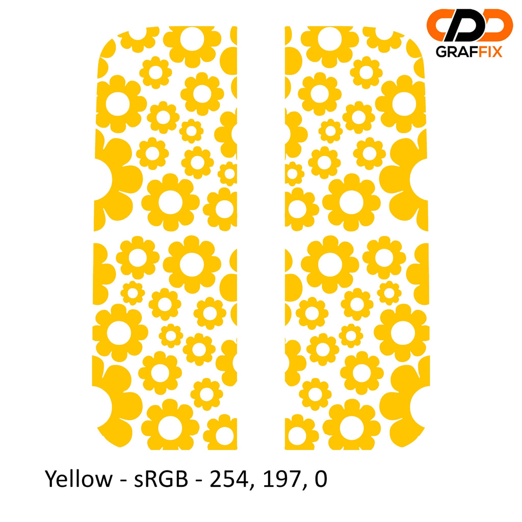 Yellow daisy pattern side window vinyl decal set installed on a white Jeep Wrangler JLU door glass