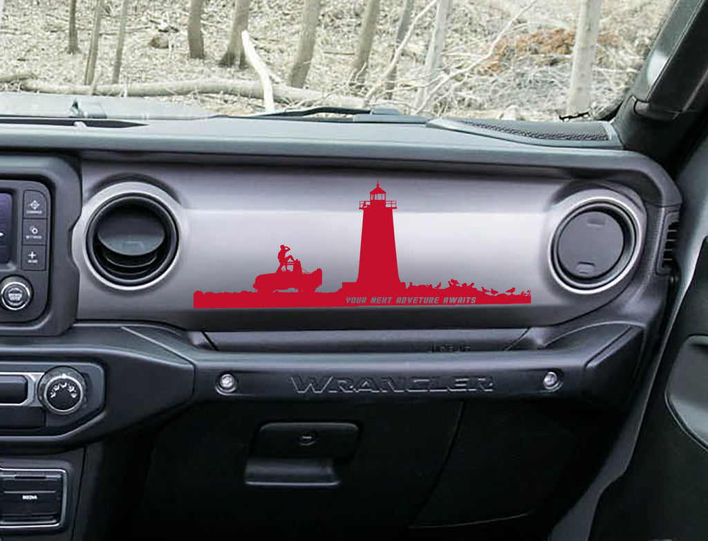 Red lighthouse adventure dashboard decal on Jeep JL Wrangler, lighthouse Jeep and rider artwork